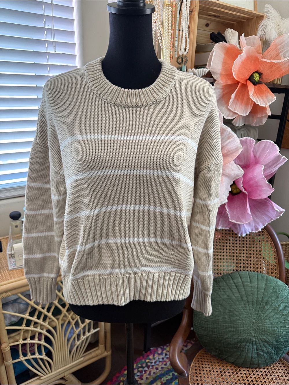 Quince Speckled Beige 100% Organic Cotton Preppy Striped Classic Crew Sweater